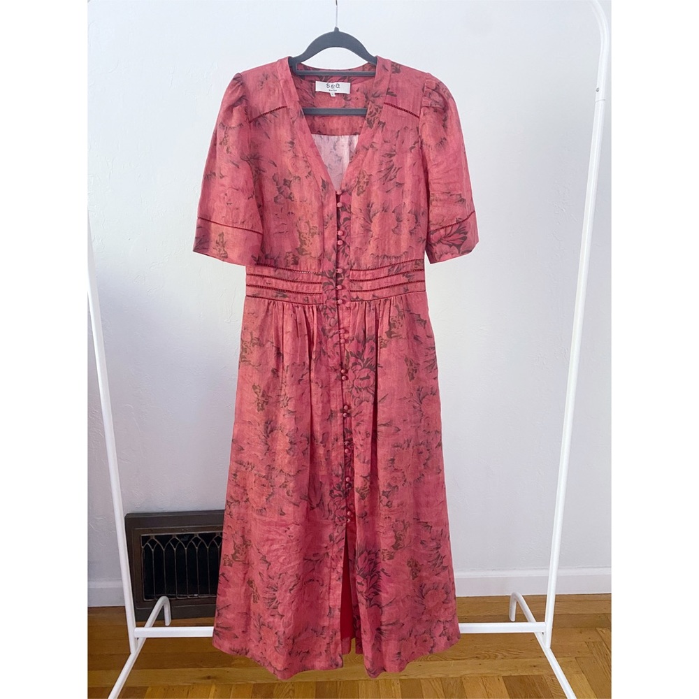 SEA NY Flora Button Front Puff Sleeve Midi Dress